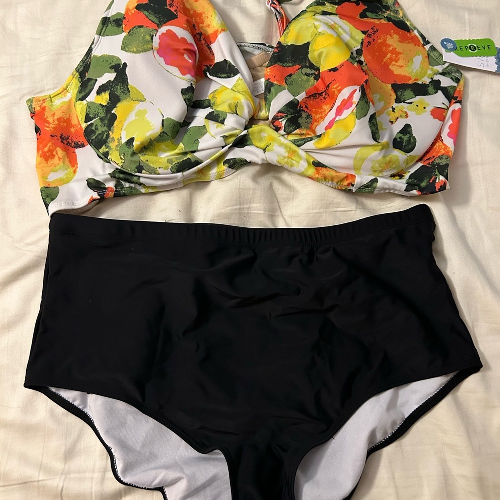 Floral High waisted Bikini Top and Black Bottom Set